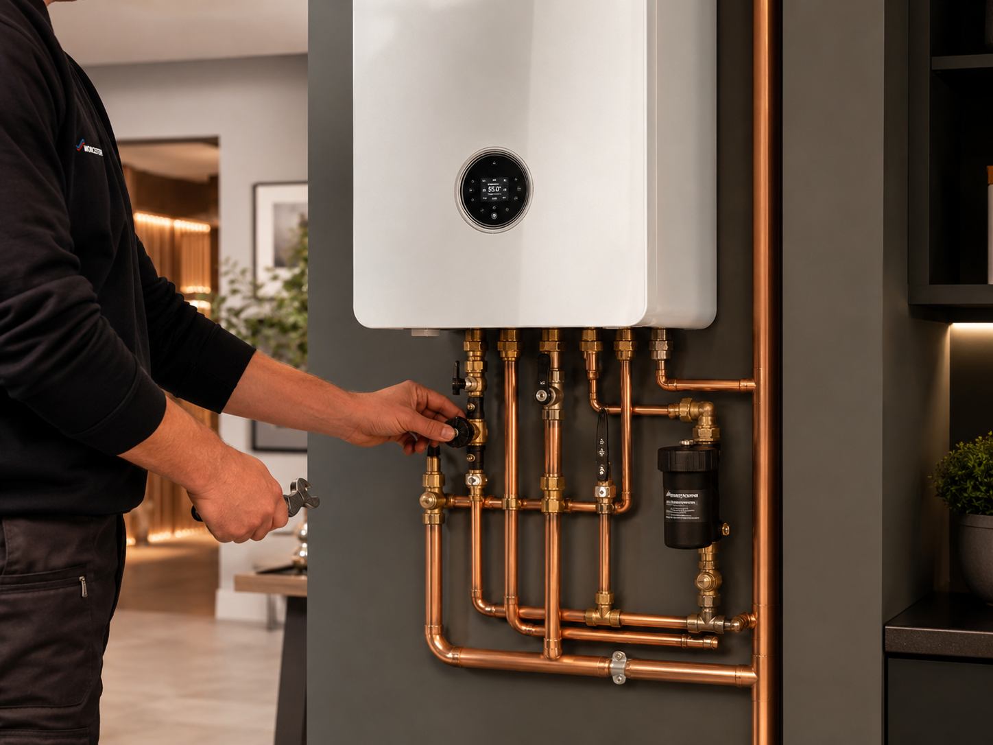 Installateur bij een moderne verwarmingsinstallatie